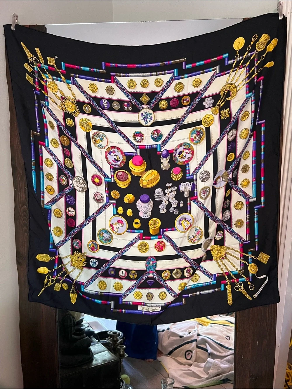 Hermes Black, White, Gold, Purple & Pink Silk Scarf